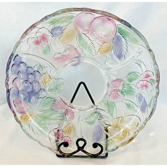 Vintage Savoir Vivre Crystal Wild Orchard Divided Fruit Chip Dip Platter - Picture 1 of 5
